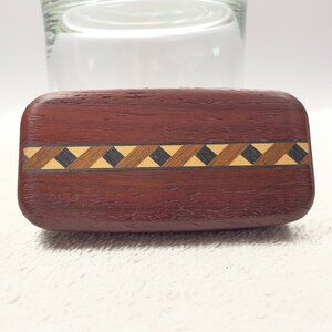 Vintage 90s Artisan Wood Trinket Box, Geometric Zig-Zag Marquetry Inlay, 4" x 2"